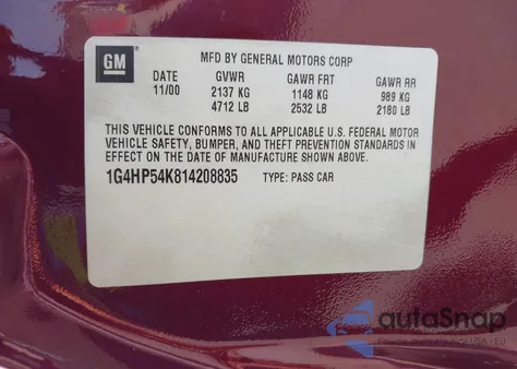 2001 Buick Lesabre Custom из США, поврежденный, VIN 1G4HP54K814208835